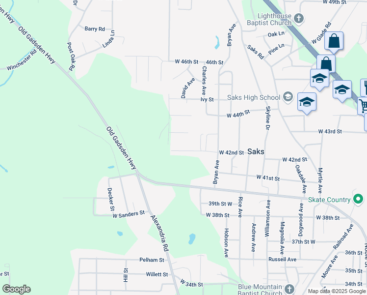 map of restaurants, bars, coffee shops, grocery stores, and more near 1001 West 42nd Street in Anniston