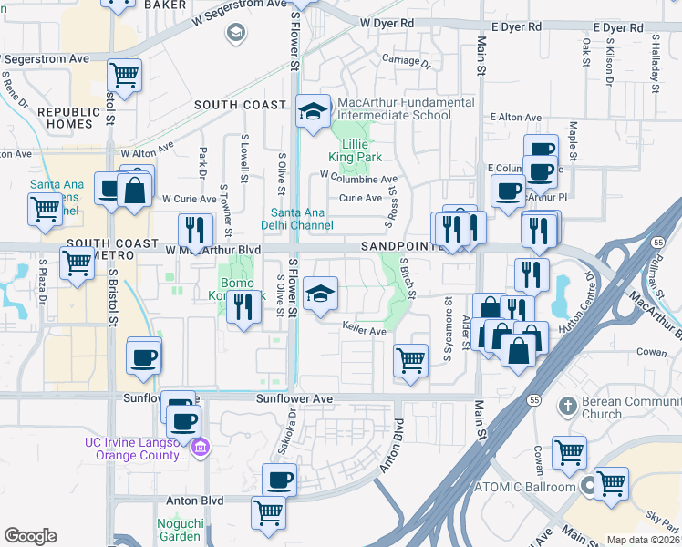 map of restaurants, bars, coffee shops, grocery stores, and more near 3614 South Parton Street in Santa Ana