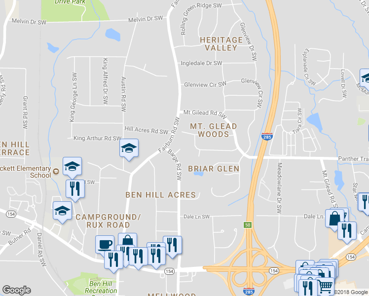 map of restaurants, bars, coffee shops, grocery stores, and more near 2012 Ben Hill Court Southwest in Atlanta