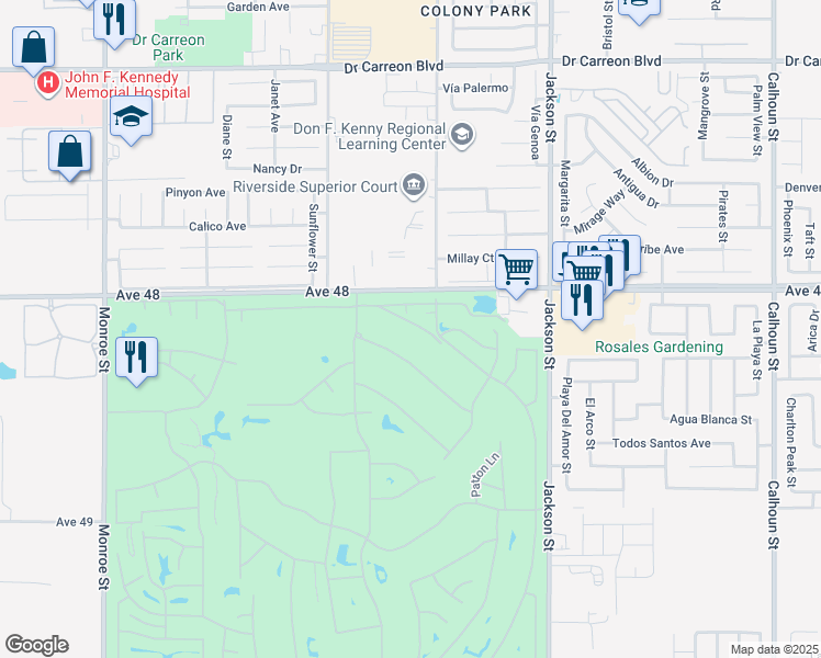 map of restaurants, bars, coffee shops, grocery stores, and more near 82567 Avenue 48 in Indio