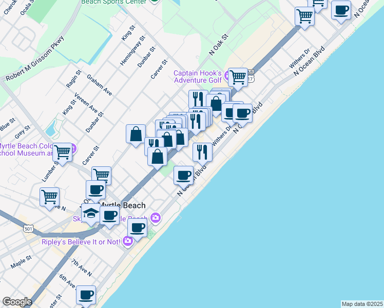 map of restaurants, bars, coffee shops, grocery stores, and more near 406 17th Avenue North in Myrtle Beach