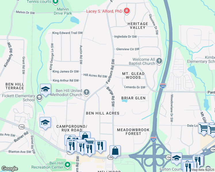 map of restaurants, bars, coffee shops, grocery stores, and more near 2030 Fairburn Road Southwest in Atlanta
