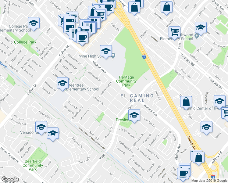 map of restaurants, bars, coffee shops, grocery stores, and more near 4522 Robinwood Circle in Irvine