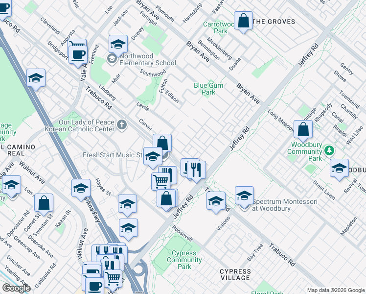 map of restaurants, bars, coffee shops, grocery stores, and more near 32 Grape Arbor in Irvine