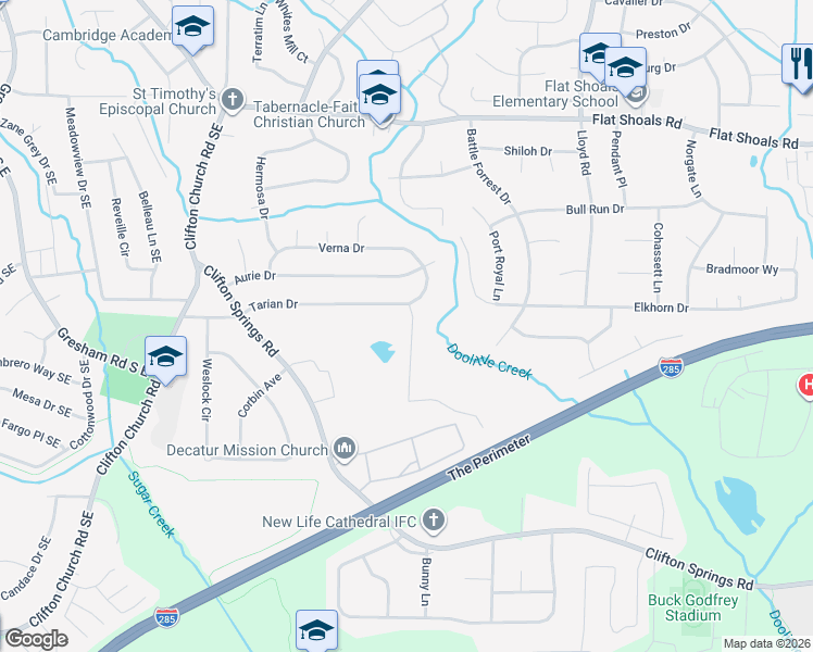 map of restaurants, bars, coffee shops, grocery stores, and more near 2977 Tarian Way in Decatur