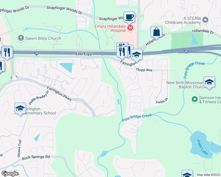 map of restaurants, bars, coffee shops, grocery stores, and more near 2555 Piering Drive in Stonecrest