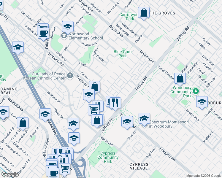 map of restaurants, bars, coffee shops, grocery stores, and more near 32 Grape Arbor in Irvine