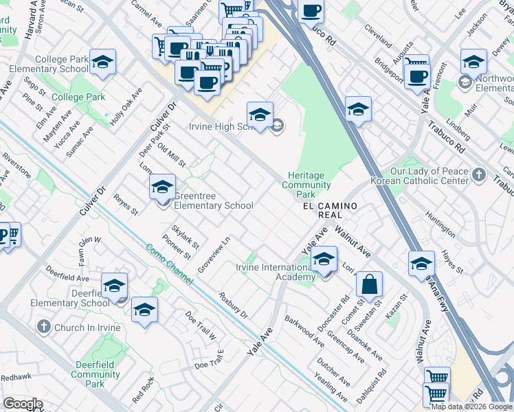map of restaurants, bars, coffee shops, grocery stores, and more near 4452 Wyngate Circle in Irvine