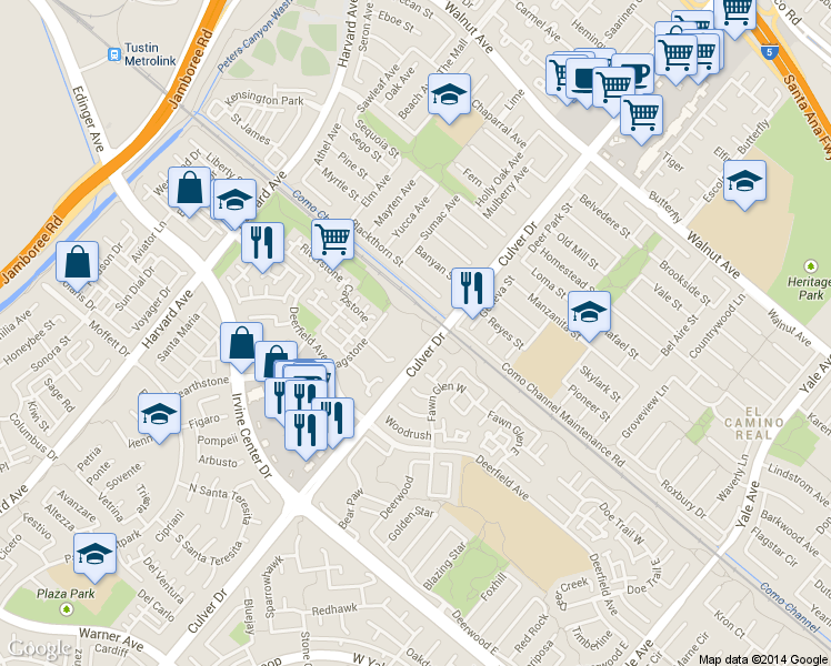 map of restaurants, bars, coffee shops, grocery stores, and more near 20 Toscany in Irvine