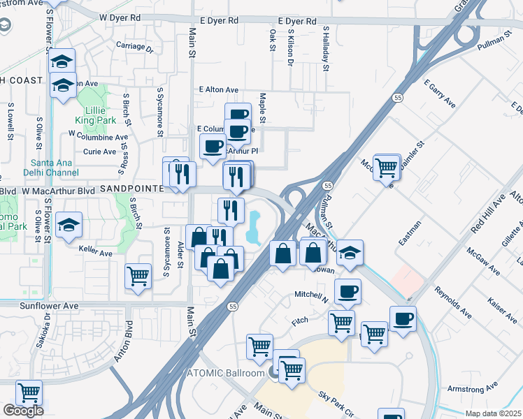 map of restaurants, bars, coffee shops, grocery stores, and more near 3 Hutton Centre Drive in Santa Ana