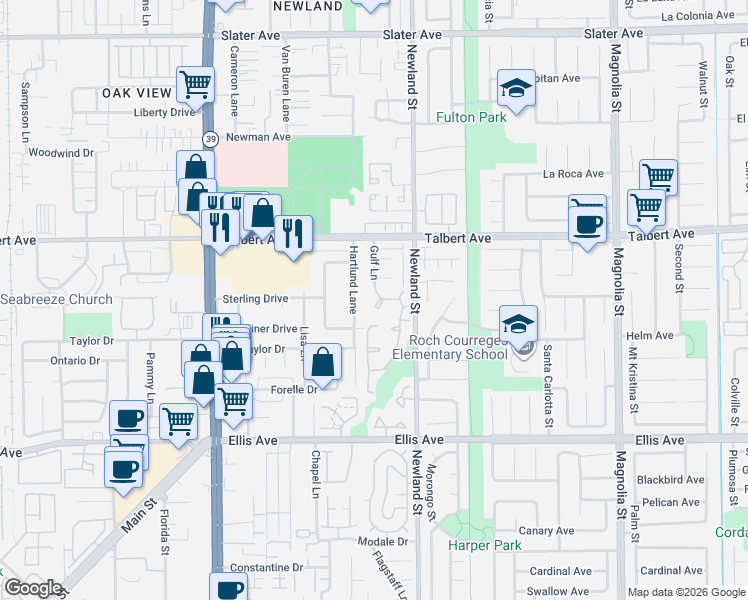 map of restaurants, bars, coffee shops, grocery stores, and more near 18132 Hartlund Lane in Huntington Beach