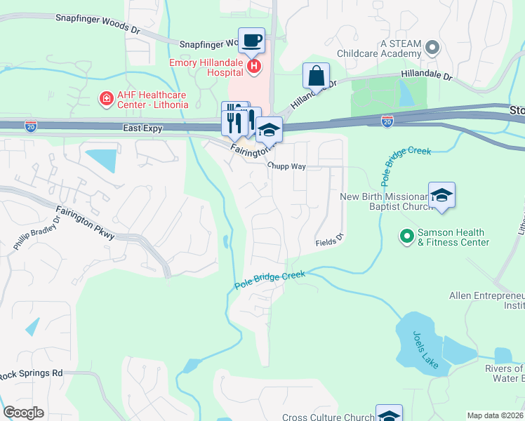 map of restaurants, bars, coffee shops, grocery stores, and more near 5922 Trent Walk Drive in Stonecrest