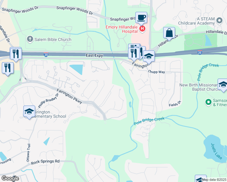 map of restaurants, bars, coffee shops, grocery stores, and more near 14204 Fairington Ridge Circle in Stonecrest