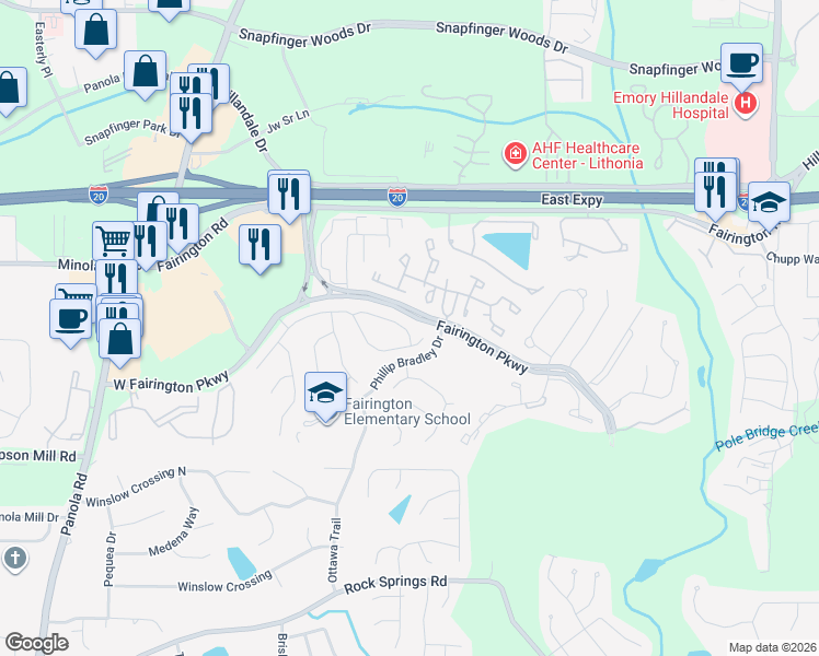 map of restaurants, bars, coffee shops, grocery stores, and more near 5594 Claridge Circle in Stonecrest