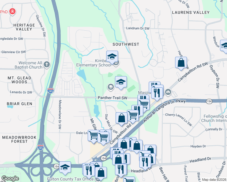 map of restaurants, bars, coffee shops, grocery stores, and more near 3001-3151 Panther Trail Southwest in Atlanta