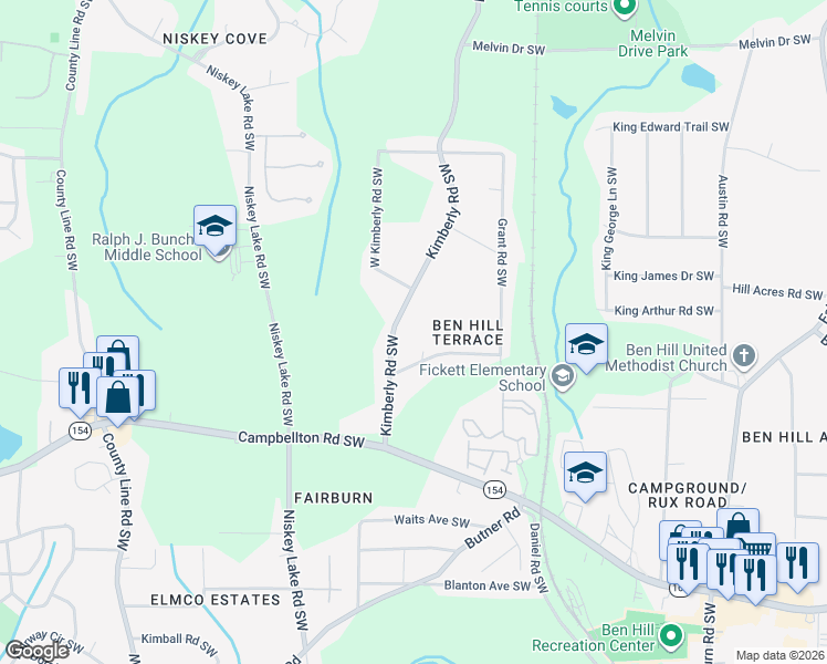 map of restaurants, bars, coffee shops, grocery stores, and more near 2010 Kimberly Road Southwest in Atlanta