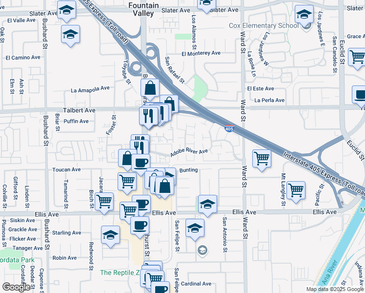 map of restaurants, bars, coffee shops, grocery stores, and more near 18192 Canyon Court in Fountain Valley