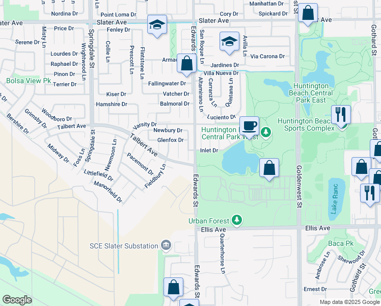 map of restaurants, bars, coffee shops, grocery stores, and more near 18122 Lakepoint Lane in Huntington Beach