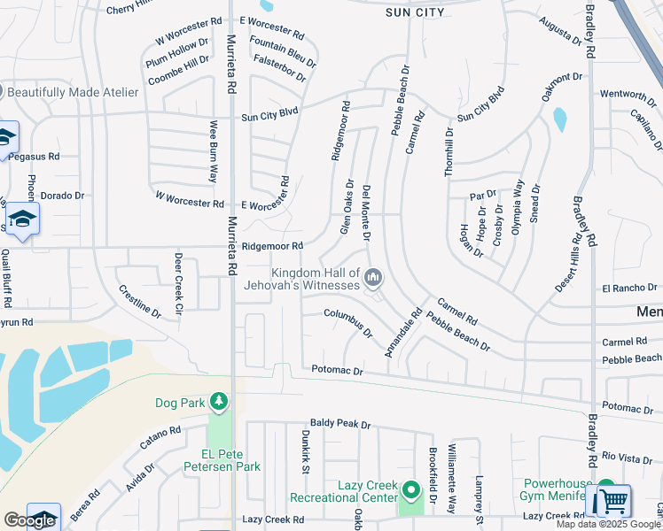 map of restaurants, bars, coffee shops, grocery stores, and more near 26276 Foxgrove Road in Menifee
