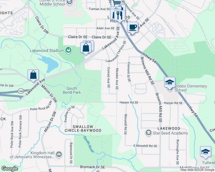 map of restaurants, bars, coffee shops, grocery stores, and more near 2030 Conrad Avenue Southeast in Atlanta
