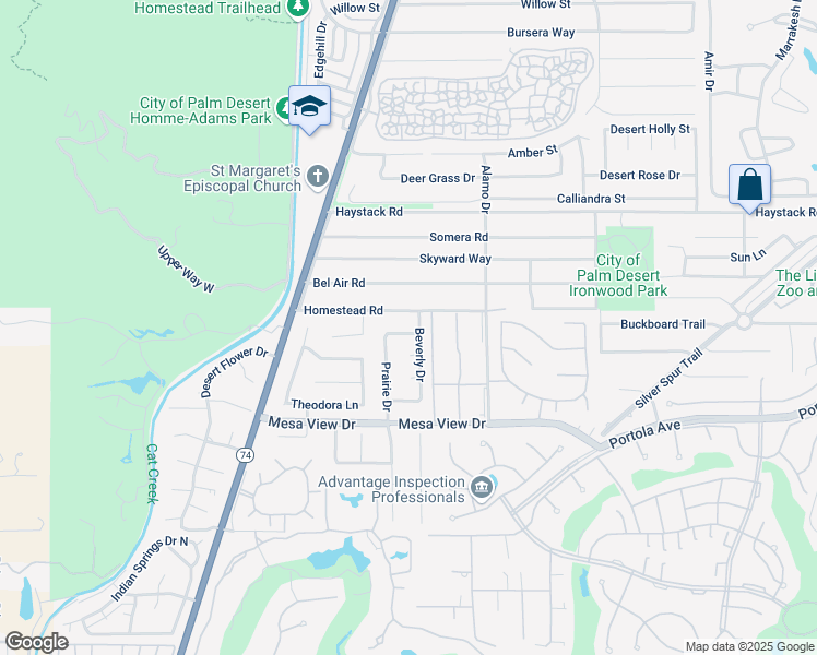 map of restaurants, bars, coffee shops, grocery stores, and more near 72840 Davis Road in Palm Desert