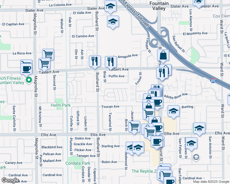 map of restaurants, bars, coffee shops, grocery stores, and more near 602 Balsa Lane in Fountain Valley