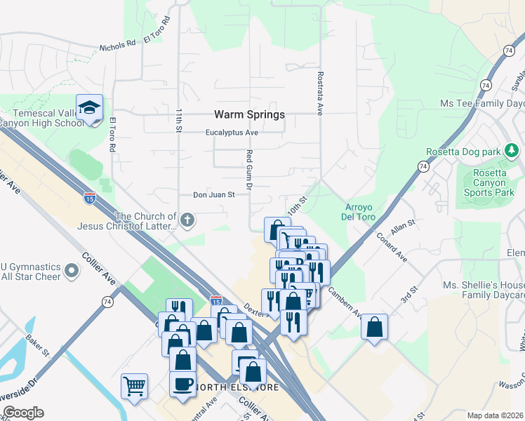 map of restaurants, bars, coffee shops, grocery stores, and more near 29830 Red Gum Drive in Lake Elsinore