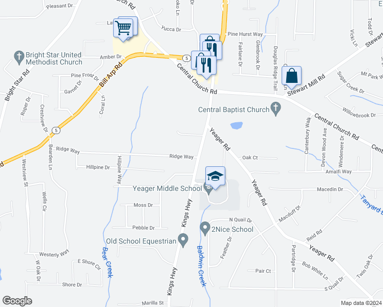 map of restaurants, bars, coffee shops, grocery stores, and more near 6030 Ridge Way in Douglasville