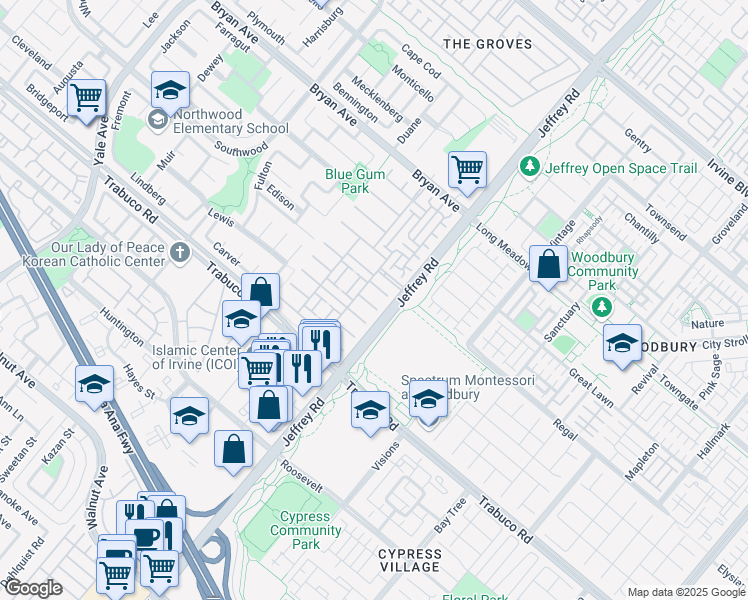 map of restaurants, bars, coffee shops, grocery stores, and more near 61 Crabapple in Irvine