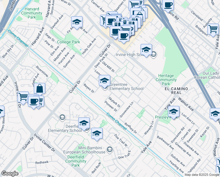 map of restaurants, bars, coffee shops, grocery stores, and more near 4231 Manzanita Street in Irvine
