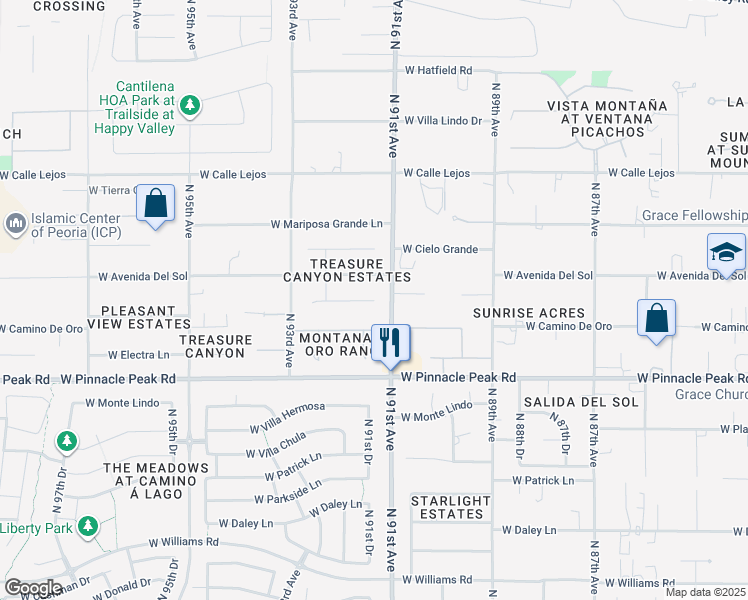 map of restaurants, bars, coffee shops, grocery stores, and more near 9100 West Camino De Oro in Peoria