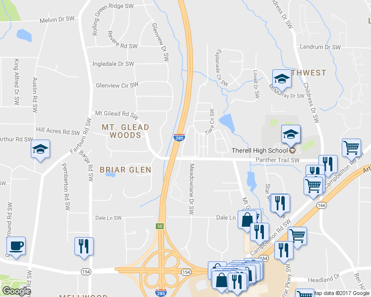 map of restaurants, bars, coffee shops, grocery stores, and more near 3539 Parc Circle Southwest in Atlanta