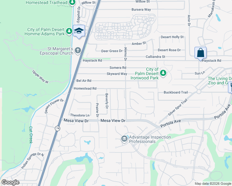 map of restaurants, bars, coffee shops, grocery stores, and more near 48035 Racquet Lane in Palm Desert