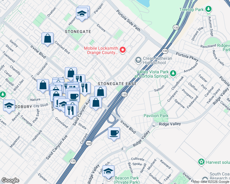 map of restaurants, bars, coffee shops, grocery stores, and more near 78 Coralwood in Irvine
