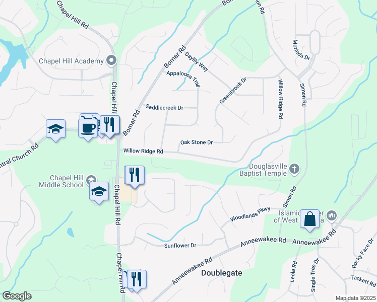 map of restaurants, bars, coffee shops, grocery stores, and more near 4120 Willow Ridge Road in Douglasville