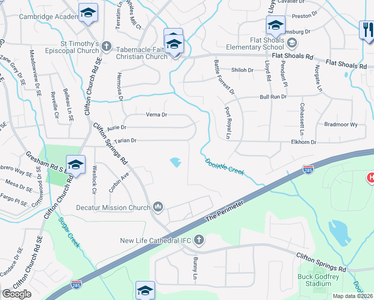 map of restaurants, bars, coffee shops, grocery stores, and more near 2977 Tarian Way in Decatur