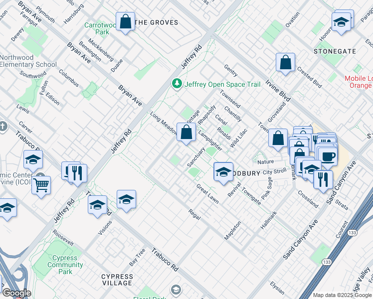 map of restaurants, bars, coffee shops, grocery stores, and more near 119 Spanish Lace in Irvine