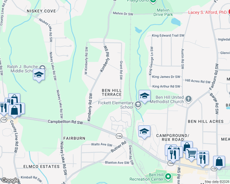 map of restaurants, bars, coffee shops, grocery stores, and more near 2039 Grant Road Southwest in Atlanta