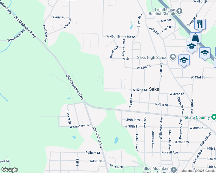 map of restaurants, bars, coffee shops, grocery stores, and more near 1001 West 42nd Street in Anniston