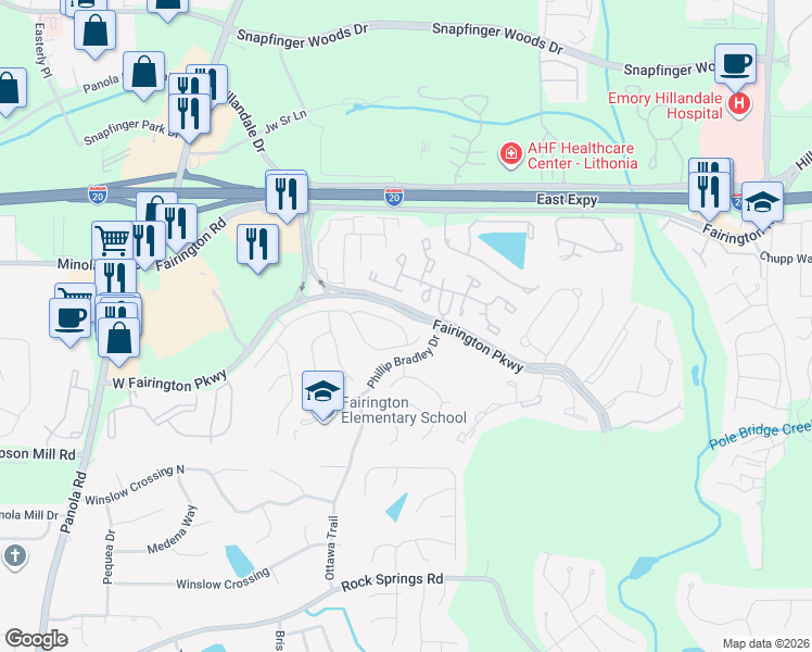 map of restaurants, bars, coffee shops, grocery stores, and more near 5594 Claridge Circle in Stonecrest