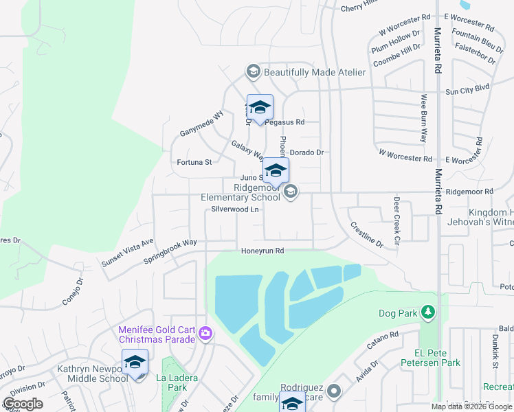 map of restaurants, bars, coffee shops, grocery stores, and more near 25368 Silverwood Lane in Menifee