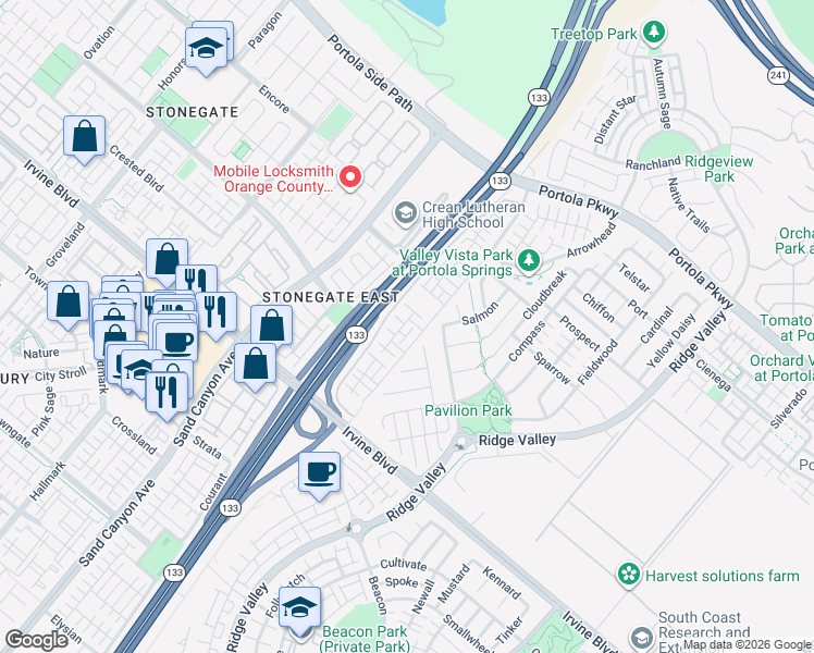map of restaurants, bars, coffee shops, grocery stores, and more near 106 Neptune in Irvine