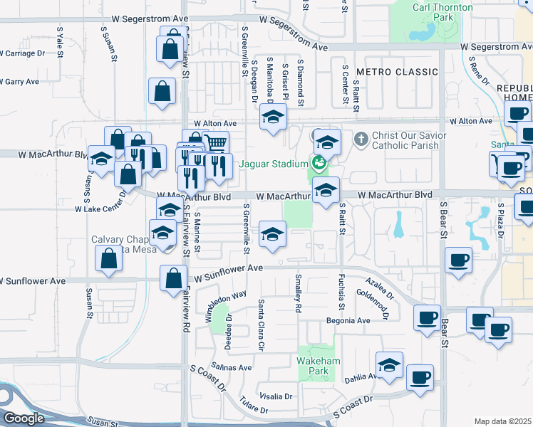 map of restaurants, bars, coffee shops, grocery stores, and more near 2528 West MacArthur Boulevard in Santa Ana