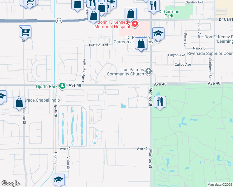map of restaurants, bars, coffee shops, grocery stores, and more near 81641 Avenue 48 in Indio