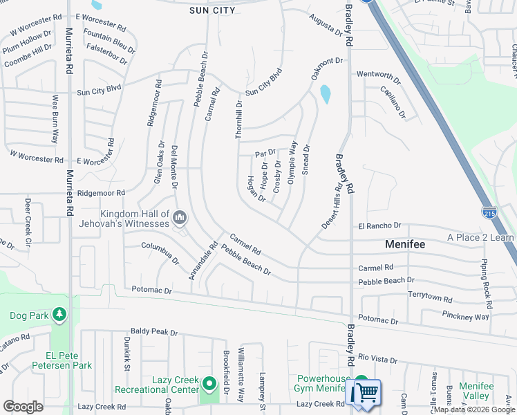 map of restaurants, bars, coffee shops, grocery stores, and more near 29040 Thornhill Drive in Menifee