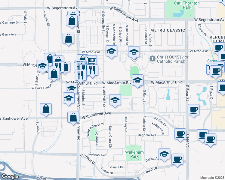 map of restaurants, bars, coffee shops, grocery stores, and more near 2532 West MacArthur Boulevard in Santa Ana