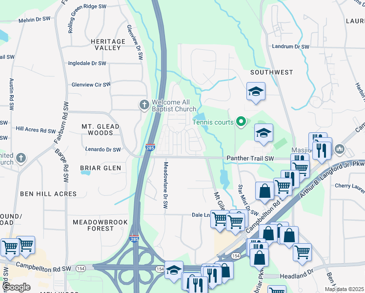 map of restaurants, bars, coffee shops, grocery stores, and more near 3156 Parc Court Southwest in Atlanta