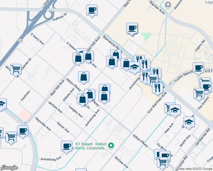 map of restaurants, bars, coffee shops, grocery stores, and more near 1822 Deere Avenue in Irvine