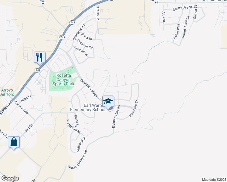 map of restaurants, bars, coffee shops, grocery stores, and more near 41510 Red Car Drive in Lake Elsinore