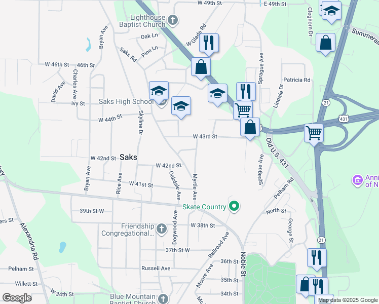 map of restaurants, bars, coffee shops, grocery stores, and more near 210 Hughes Street in Anniston
